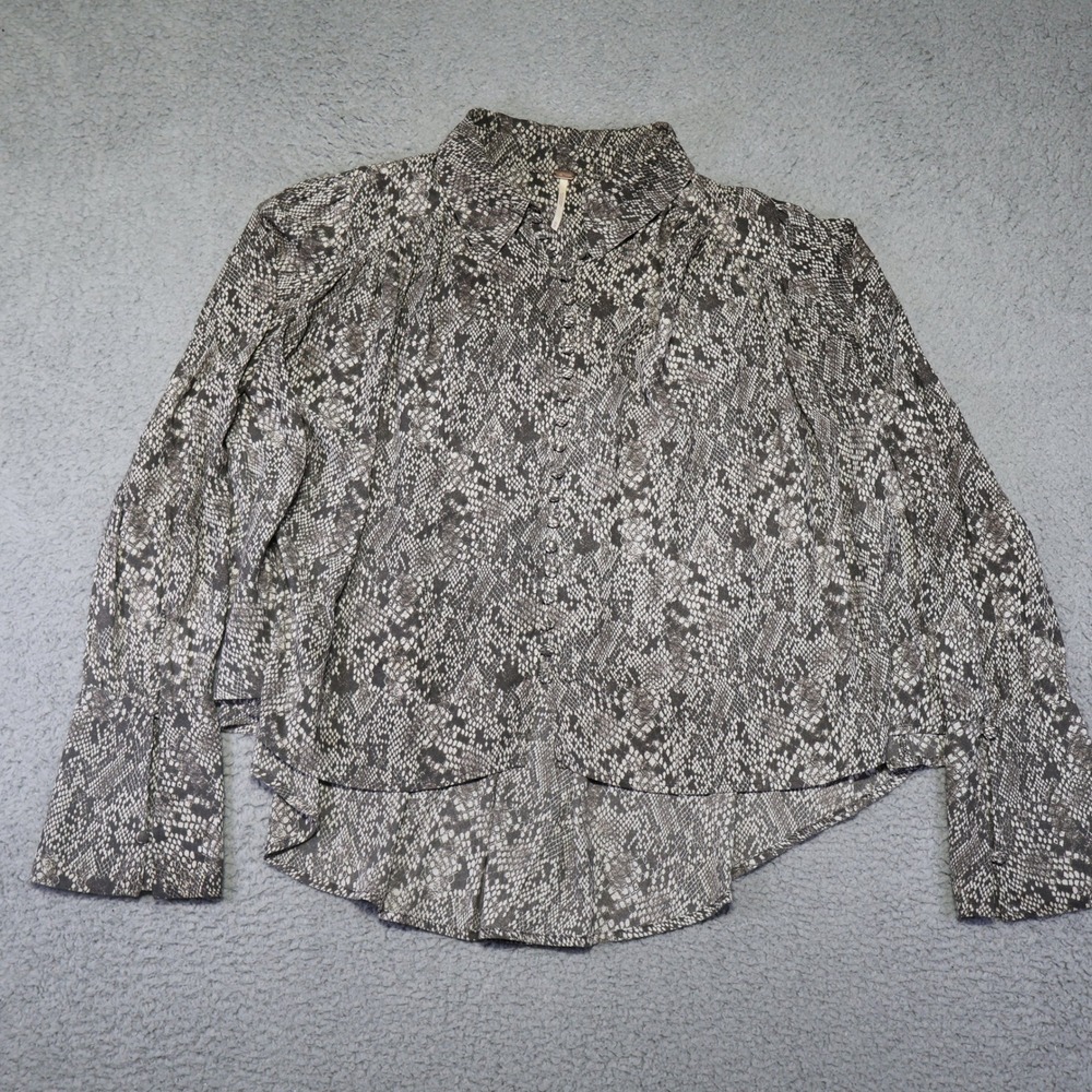 Free People Snakeskin Print High Low Button Down Blouse Grey White XS 30404813